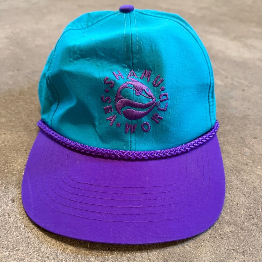 SeaWorld Hat Mens OS Teal Purple Vintage Shamu Sea World Rope Cap Adjustable